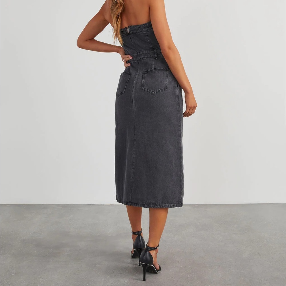 NWT!! Vintage Black Tube Denim Detailed Front Slit Midi Dress🤠 - Picture 9 of 12
